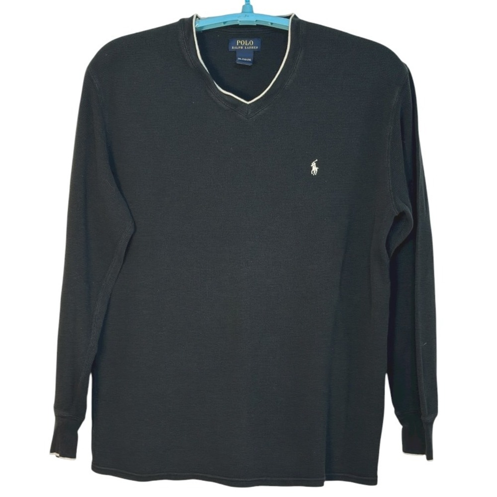 Polo Ralph Lauren V Neck Long Sleeve Waffle‎ Knit Thermal Shirt Black Casual 2XL